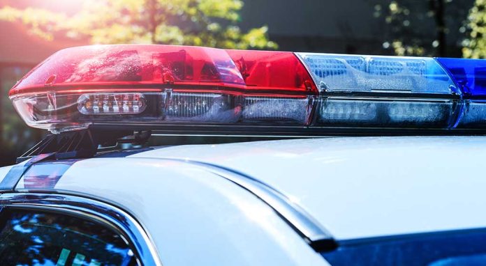 Police car roof with red and blue lights.