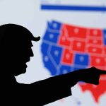 Trump outline in front of electoral college map