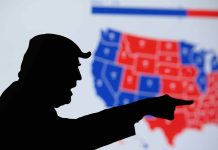 Trump outline in front of electoral college map