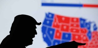 Trump outline in front of electoral college map