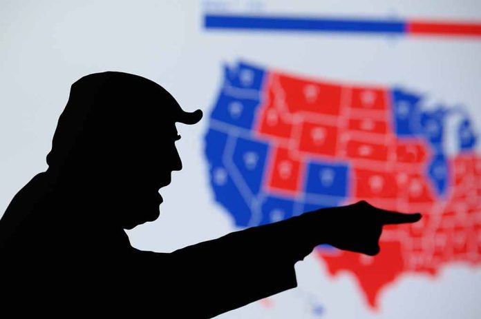 Trump outline in front of electoral college map