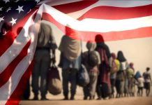 Line of people walking under American flag overlay.