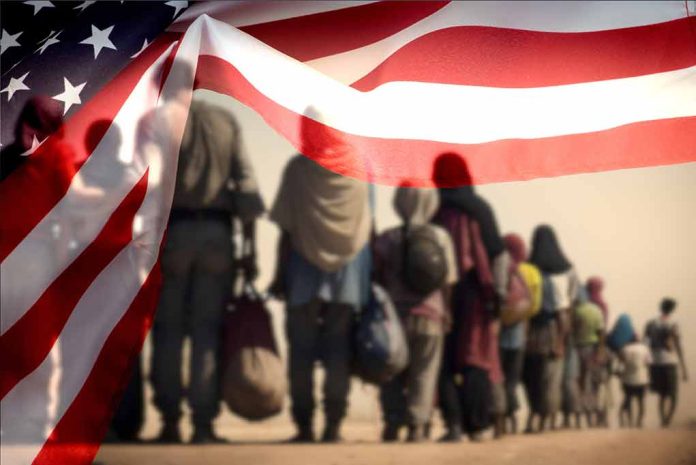 Line of people walking under American flag overlay.