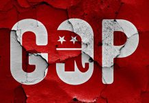 Cracked GOP logo on a red background.