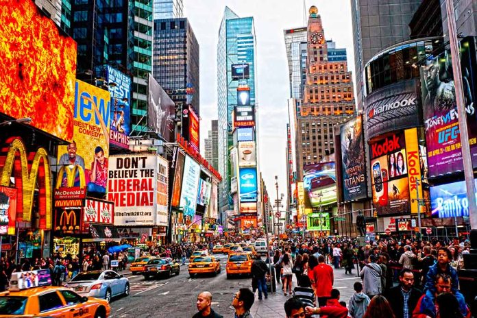 Times Square crowded with people and bright electronic advertisements.