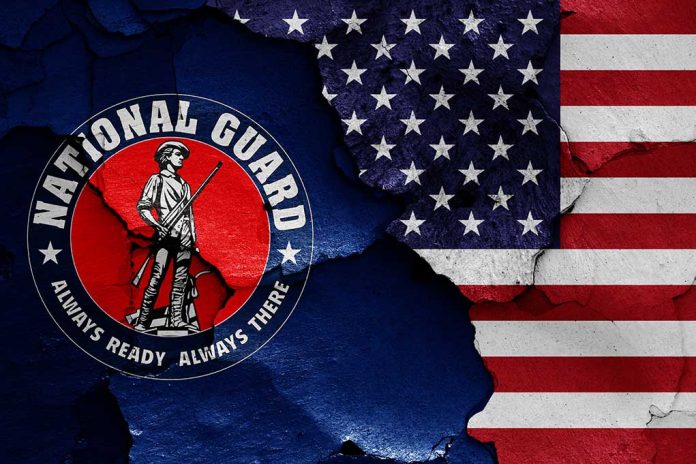 "National Guard logo and American flag with cracks."