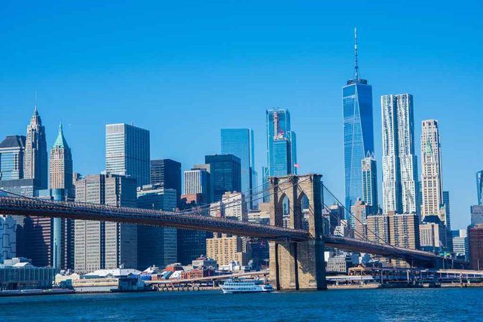 Brooklyn Bridge with Manhattan skyline in the background.