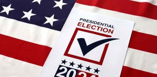 Presidential election 2024 sign on American flag.