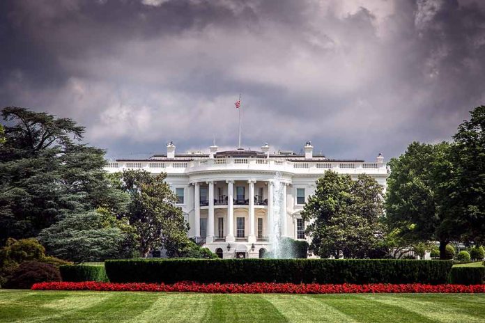 White House front view with dark clouds above.