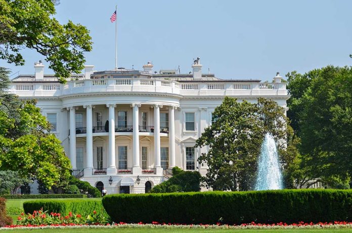 The White House with a fountain.