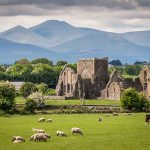 Ruins, sheep grazing, mountains and cloudy sky.