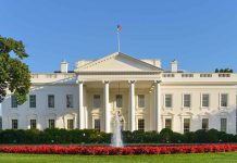 White House with fountain and flowers in foreground.