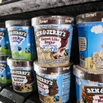 Ben and Jerrys ice cream pints on shelves