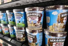 Ben and Jerrys ice cream pints on shelves