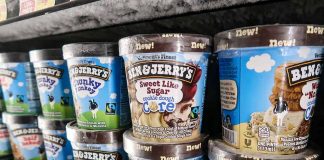 Ben and Jerrys ice cream pints on shelves