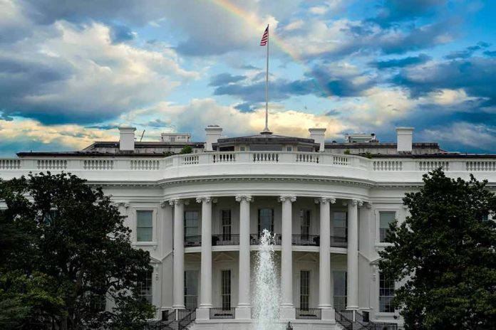 White House with a rainbow in the sky.