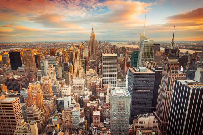 New York City skyline during colorful sunset.