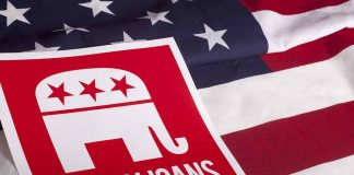 Republican symbol on American flag background.