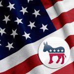 United States flag with Democratic Party donkey symbol.