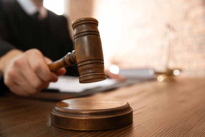 Judge with gavel on wooden desk courtroom setting