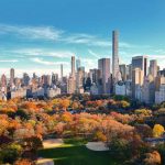 Autumn trees in Central Park with city skyline.