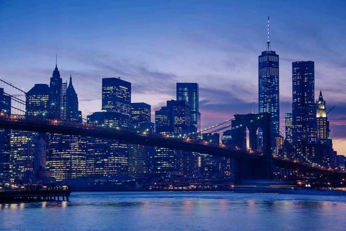 City skyline with bridge at twilight.