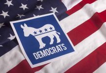 "Democrats symbol on American flag background."