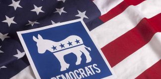 "Democrats symbol on American flag background."