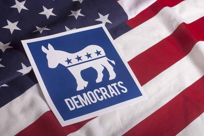 "Democrats symbol on American flag background."