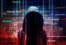 Hooded figure with digital security terms background.