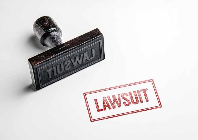 Lawsuit rubber stamp on white surface