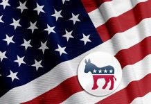 United States flag with Democratic Party donkey symbol.