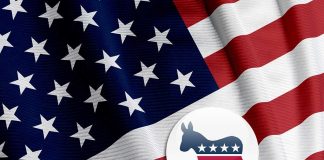 United States flag with Democratic Party donkey symbol.