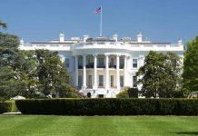 White House with American flag and green lawn