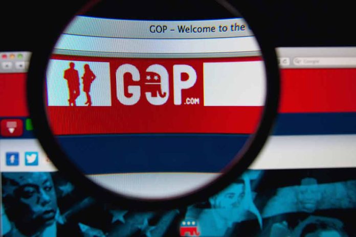 Magnifying glass over GOP website logo.