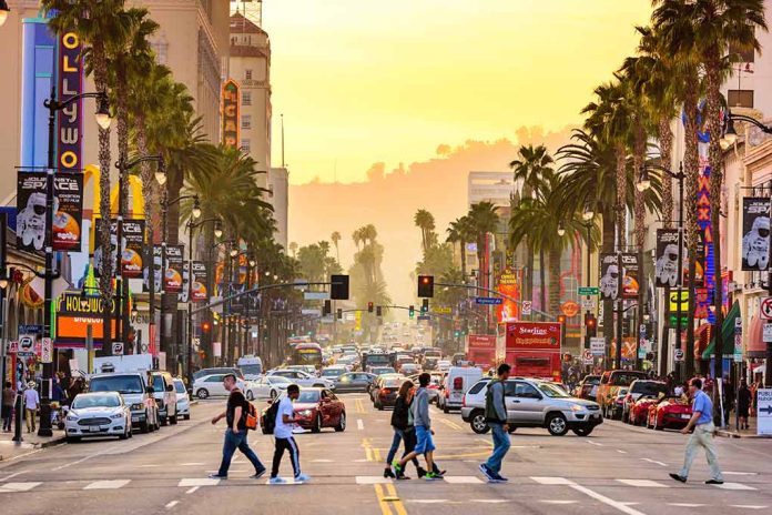 Busy street in Los Angeles at sunset.