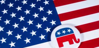 Republican elephant symbol on American flag background