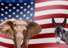 Elephant and donkey in front of American flag.