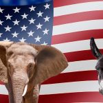 Elephant and donkey in front of American flag.