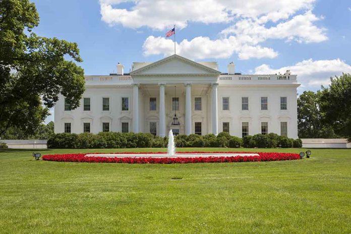 White House with fountain and American flag visible