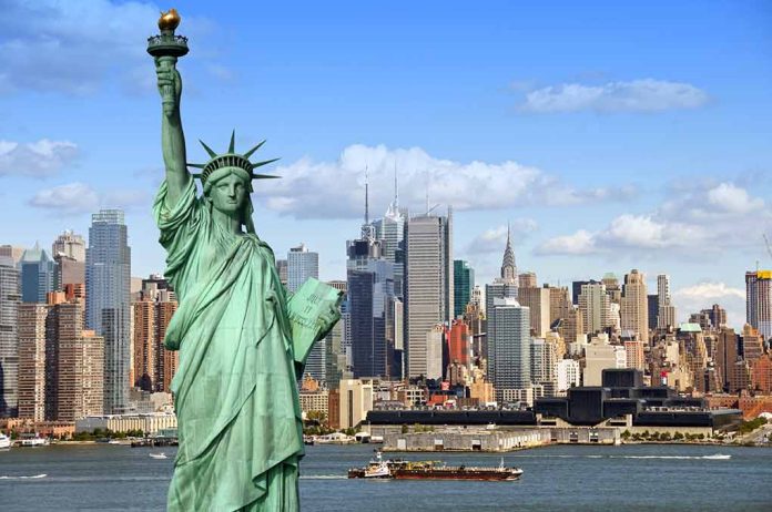 Statue of Liberty with New York City skyline.