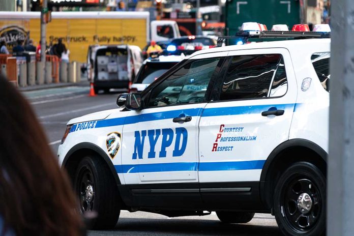 NYPD police car on a city street scene.