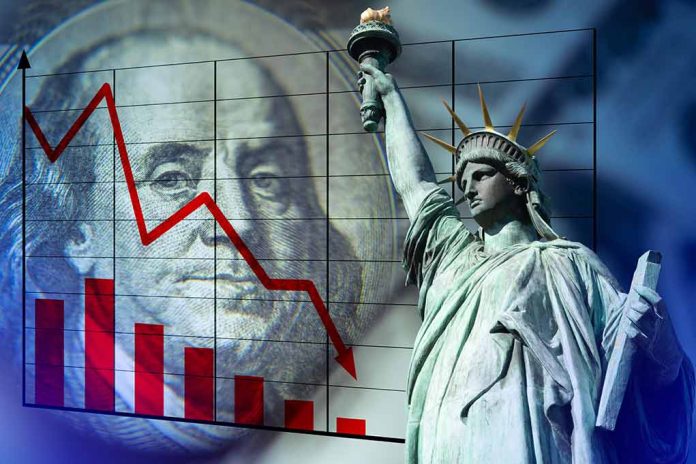 Statue of Liberty with declining financial graph background.