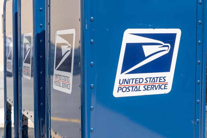 Blue USPS mail collection boxes in a row.