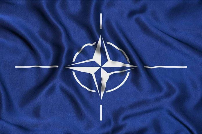 NATO flag with blue background and white compass.