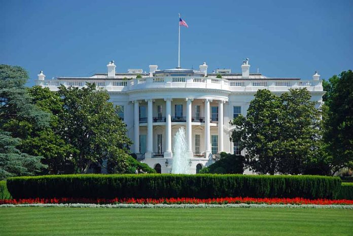 White House with American flag and fountain visible