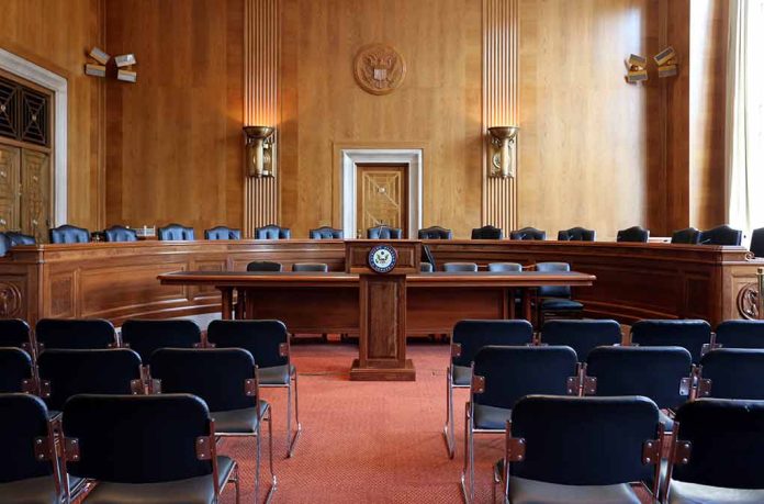 Empty courtroom with chairs and wooden walls