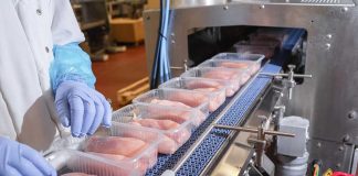 Packaged chicken breasts on a factory conveyor belt