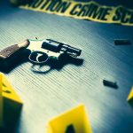 Revolver and evidence markers at crime scene table