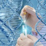 Hands with pipette and test tube surrounded by DNA strands